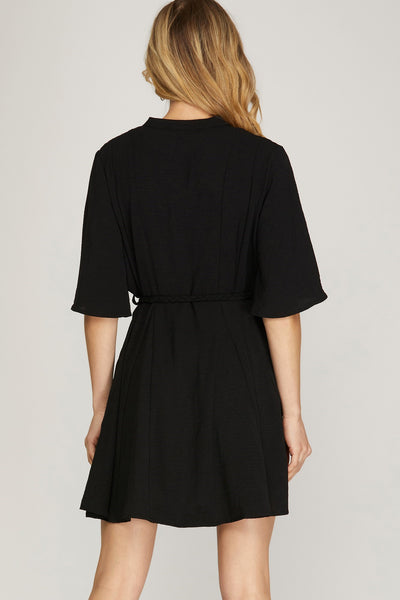 KRISTINE 1/2 BELL SLEEVE DRESS WITH BRAIDED WAIST IN BLACK-Dresses-MODE-Couture-Boutique-Womens-Clothing