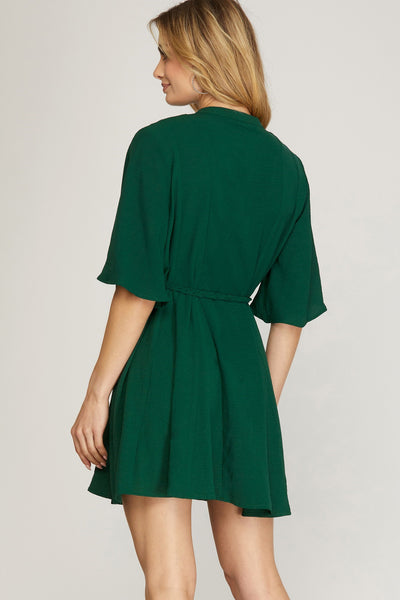 KRISTINE 1/2 BELL SLEEVE DRESS WITH BRAIDED WAIST IN HUNTER GREEN-Dresses-MODE-Couture-Boutique-Womens-Clothing