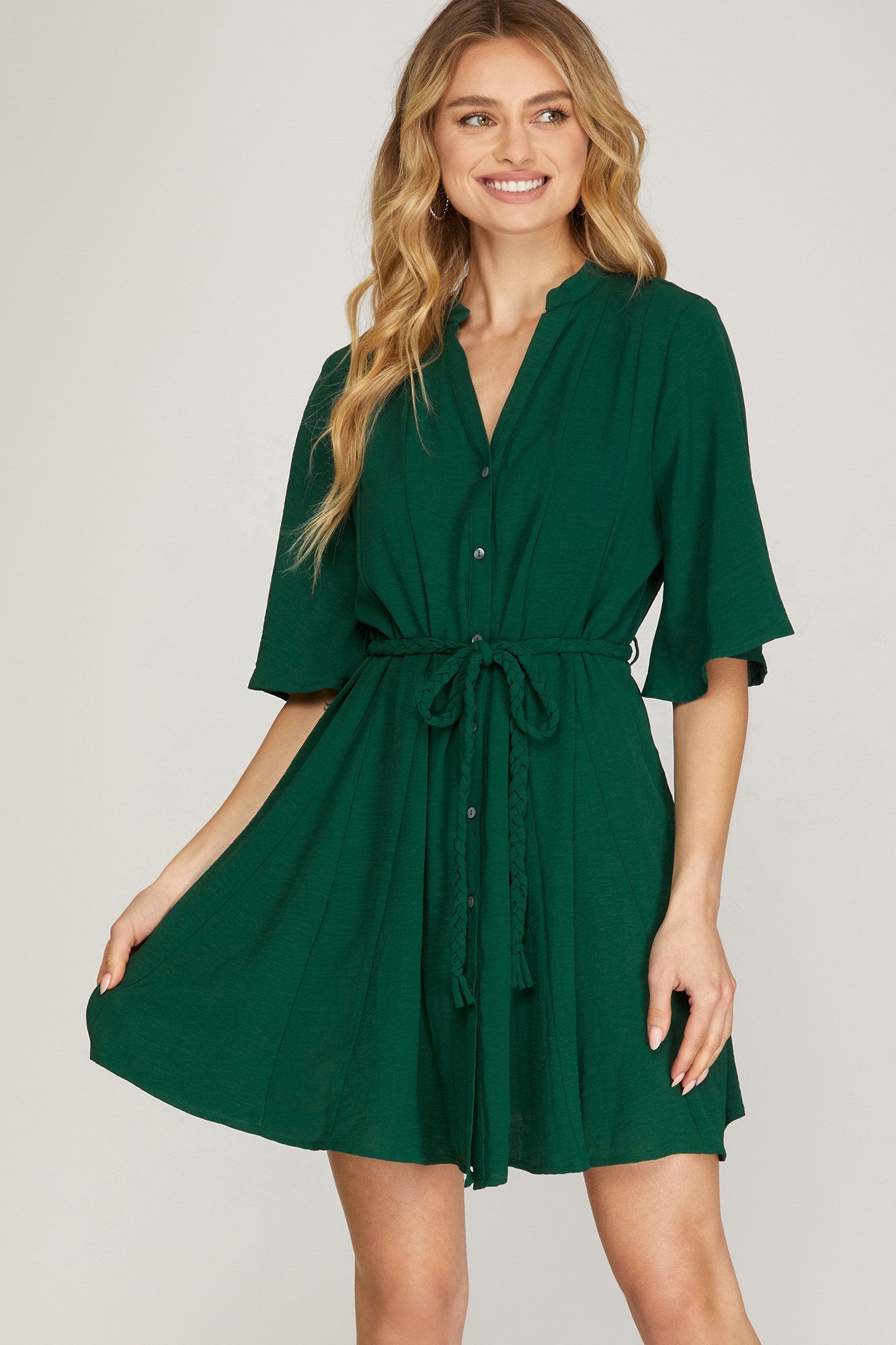 KRISTINE 1/2 BELL SLEEVE DRESS WITH BRAIDED WAIST IN HUNTER GREEN-Dresses-MODE-Couture-Boutique-Womens-Clothing