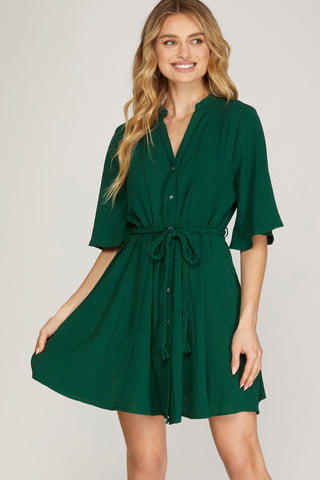 KRISTINE 1/2 BELL SLEEVE DRESS WITH BRAIDED WAIST IN HUNTER GREEN-Dresses-MODE-Couture-Boutique-Womens-Clothing