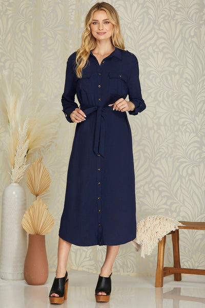 CATCHING A RED EYE BUTTON DOWN DRESS IN NAVY-Dresses-MODE-Couture-Boutique-Womens-Clothing