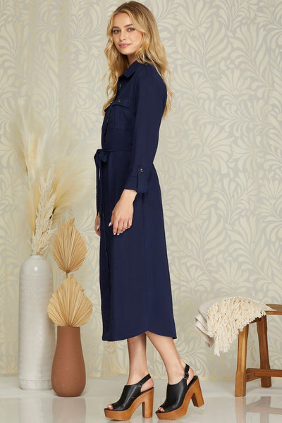 CATCHING A RED EYE BUTTON DOWN DRESS IN NAVY-Dresses-MODE-Couture-Boutique-Womens-Clothing