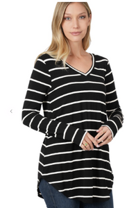 EOS V NECK STRIPED TOP IN BLACK COMBO-Tops-MODE-Couture-Boutique-Womens-Clothing