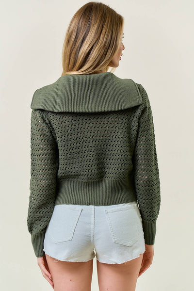 Zip-Up Pointelle Open Knit Sweater Jacket In Olive-Zip-Up Sweater-MODE-Couture-Boutique-Womens-Clothing