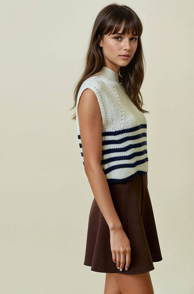 SLEEVELESS TURTLENECK STRIPED KNIT TOP IN IVORY-MODE-Couture-Boutique-Womens-Clothing