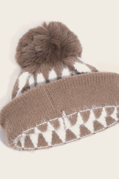 ABSTRACT DIAMOND STRIPE KNIT POM POM BEANIE (MULTI)-beanie hat-MODE-Couture-Boutique-Womens-Clothing