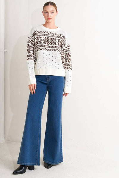 ELINE PULLOVER KNIT SWEATER IN CREAM & BROWN-Sweaters-MODE-Couture-Boutique-Womens-Clothing