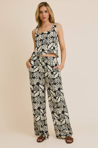 MADISON SQUARE NECK TOP AND WAIST TIE ABSTRACT PRINT PANTS IN IVORY/BLACK-MATCHING SET-MODE-Couture-Boutique-Womens-Clothing