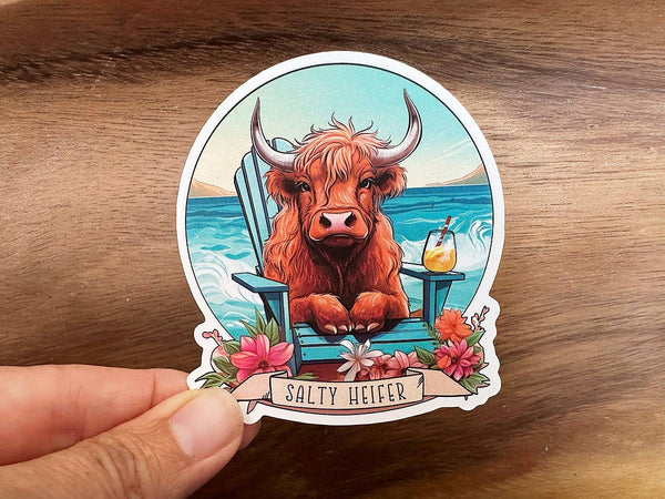 Salty Heifer on the Beach | Highland Cow | Funny Sticker-MODE-Couture-Boutique-Womens-Clothing