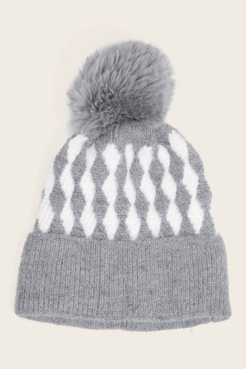 ABSTRACT DIAMOND STRIPE KNIT POM POM BEANIE (MULTI)-beanie hat-MODE-Couture-Boutique-Womens-Clothing