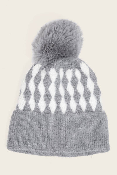 ABSTRACT DIAMOND STRIPE KNIT POM POM BEANIE (MULTI)-beanie hat-MODE-Couture-Boutique-Womens-Clothing