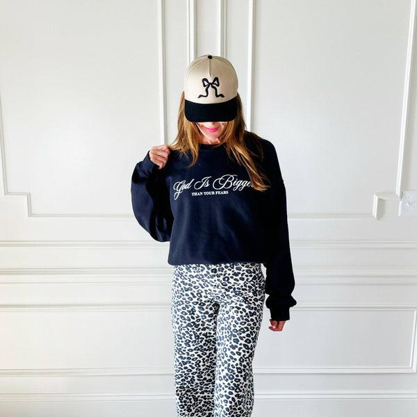 GOD IS BIGGER GRAPHIC SWEATSHIRT IN BLACK-MODE-Couture-Boutique-Womens-Clothing