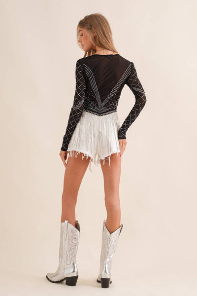 THE NOVA MESH STUDDED RHINSTONE TOP IN BLACK-LONG SLEEVE TOP-MODE-Couture-Boutique-Womens-Clothing
