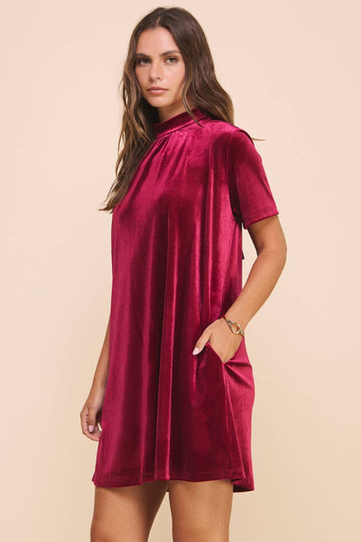 NATALIE MOCK NECK VELVET DRESS IN BURGUNDY-MODE-Couture-Boutique-Womens-Clothing