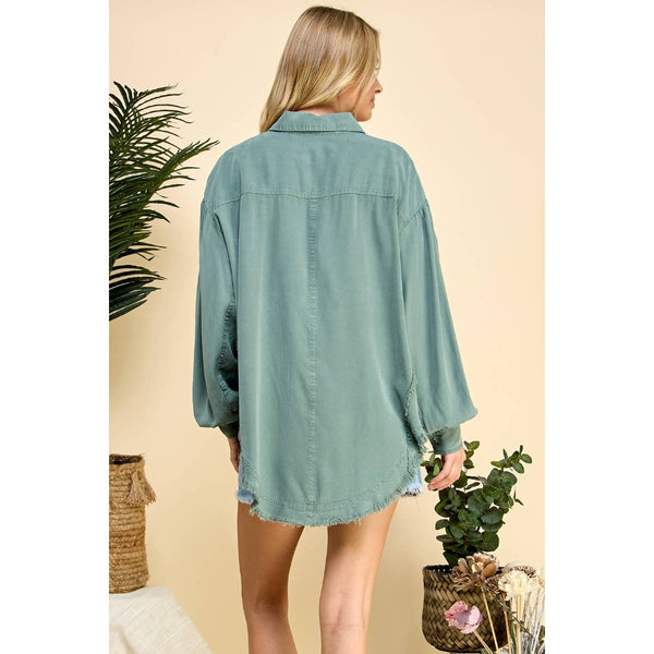 JESSICA OVERSIZE FRAYED HEM BALLOON SLEEVE SHIRT IN SAGE-Shirts & Tops-MODE-Couture-Boutique-Womens-Clothing