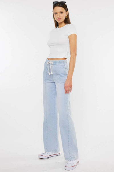KANCAN HIGH RISE ELASTIC BAND WIDE LEG JEANS IN LIGHT STONE-Jeans-MODE-Couture-Boutique-Womens-Clothing
