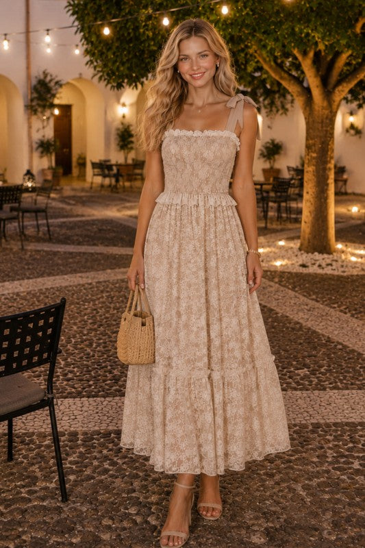 ROMANTIC DREAMS TIE SHOULDER LACE MIDI DRESS IN EGGSHELL