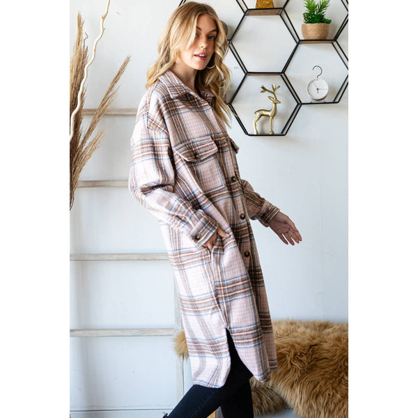 SNOWY NIGHT WOOL MIX PLAID CHECKER LONGLINE FLANNEL JACKET IN PINK-MODE-Couture-Boutique-Womens-Clothing