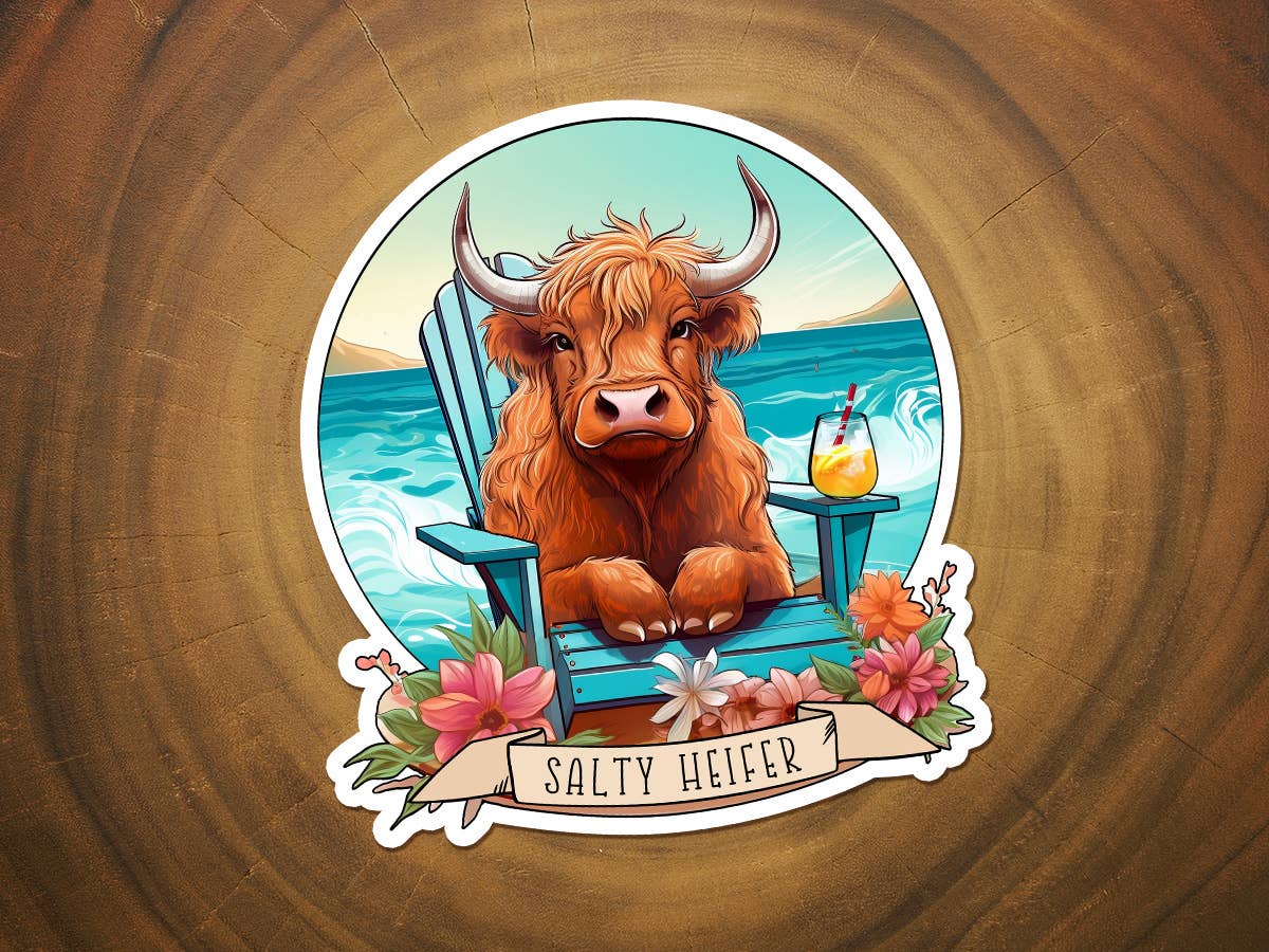 Salty Heifer on the Beach | Highland Cow | Funny Sticker-MODE-Couture-Boutique-Womens-Clothing
