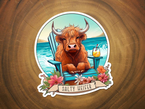 Salty Heifer on the Beach | Highland Cow | Funny Sticker-MODE-Couture-Boutique-Womens-Clothing