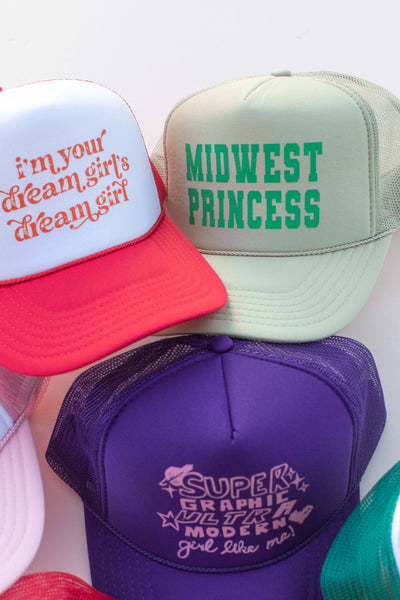 Chappell Roan Midwest Princess Trucker Hat: Pink Pony Club - Jade/White-MODE-Couture-Boutique-Womens-Clothing
