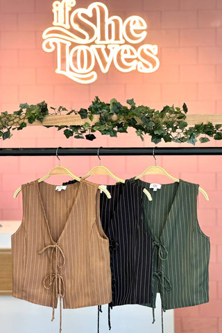 JADE PIN STRIPE FRONT TIE VEST IN OLIVE-MODE-Couture-Boutique-Womens-Clothing