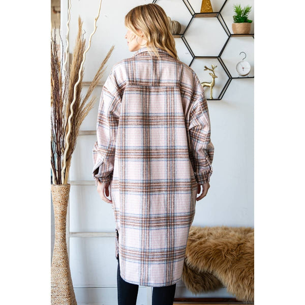 SNOWY NIGHT WOOL MIX PLAID CHECKER LONGLINE FLANNEL JACKET IN PINK-MODE-Couture-Boutique-Womens-Clothing