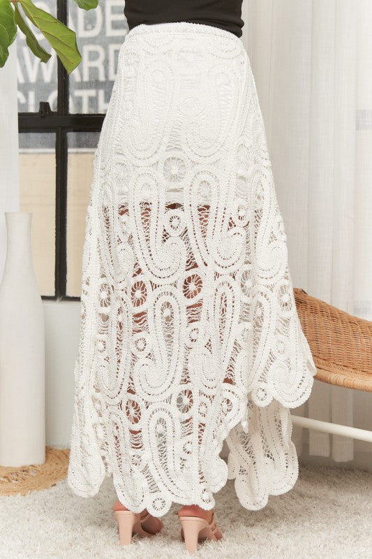 LAGUNA LACE HIGH LOW CROCHET SKIRT IN WHITE-SKIRTS-MODE-Couture-Boutique-Womens-Clothing