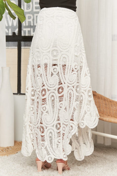 LAGUNA LACE HIGH LOW CROCHET SKIRT IN WHITE-DRESS-MODE-Couture-Boutique-Womens-Clothing