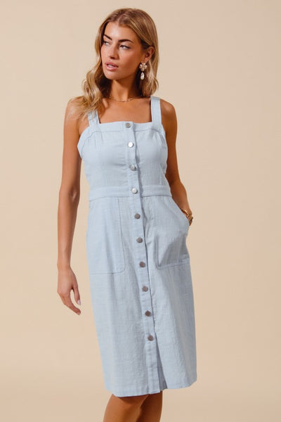 SAYRE BUTTON DOWN FRONT POCKET PINAFORE DRESS IN LIGHT DENIM-DRESS-MODE-Couture-Boutique-Womens-Clothing