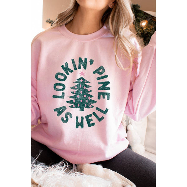 LOOKIN PINE AS HELL VINTAGE GRAPHIC SWEATSHIRTS: WHITE / L-MODE-Couture-Boutique-Womens-Clothing