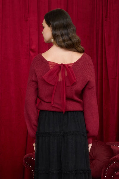 WRAPPED UP BACK BOW V NECK SWEATER IN DEEP RED-Sweaters-MODE-Couture-Boutique-Womens-Clothing
