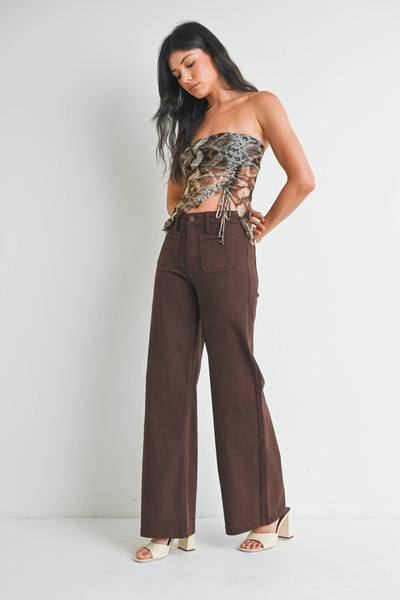 MINI PATCH POCKET WIDE LEG JEAN IN DARK BROWN-Jeans-MODE-Couture-Boutique-Womens-Clothing