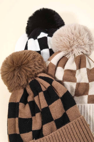 CHECKERED PATTERN POM BEANIE (MULTI)-hat-MODE-Couture-Boutique-Womens-Clothing