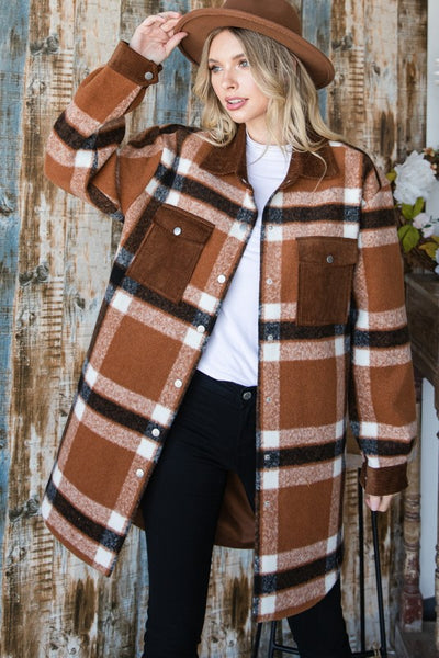 MILLIE PLAID CORDUROY FLAP POCKET SHACKET IN BROWN-SHACKET-MODE-Couture-Boutique-Womens-Clothing