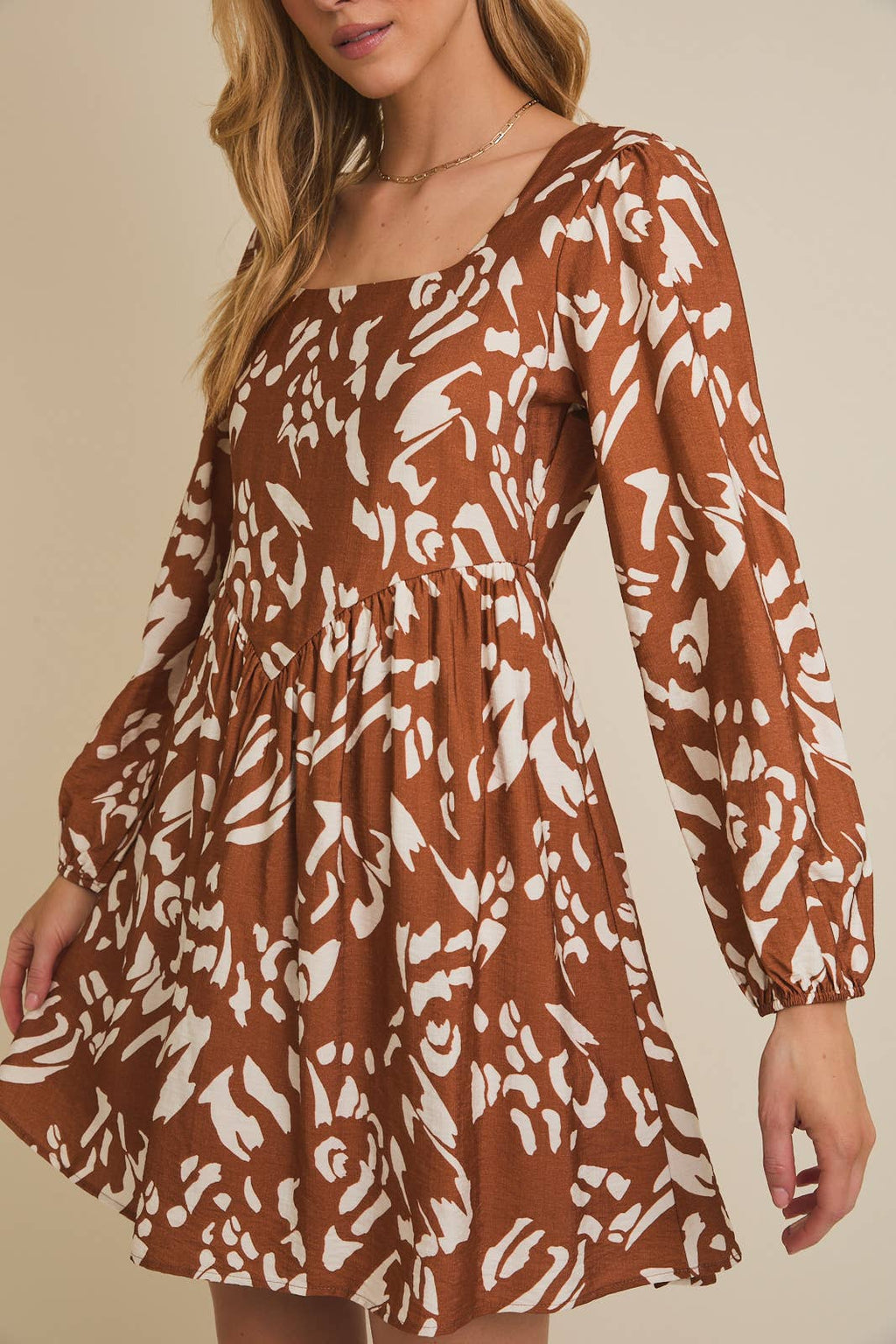 LUCY SQUARE NECK LONG SLEEVE ABSTRACT DRESS IN CAMEL-Dresses-MODE-Couture-Boutique-Womens-Clothing