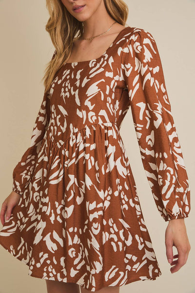 LUCY SQUARE NECK LONG SLEEVE ABSTRACT DRESS IN CAMEL-Dresses-MODE-Couture-Boutique-Womens-Clothing