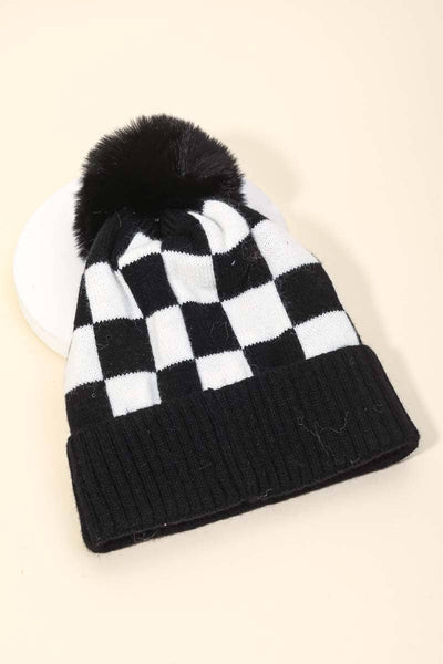 CHECKERED PATTERN POM BEANIE (MULTI)-hat-MODE-Couture-Boutique-Womens-Clothing