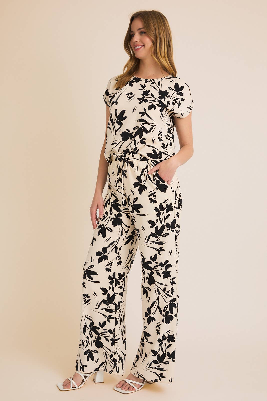 MONROE FLORAL TOP IN CREAM & BLACK-JUMPSUIT-MODE-Couture-Boutique-Womens-Clothing