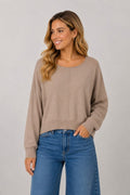 CAMILLA ROUND NECK SOFTEST FRONT SEAM SWEATER IN DARK TAUPE
