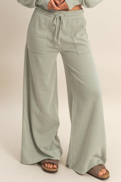 SUNDAY SOCIAL BURNOUT FRENCH TERRY WIDE LEG SWEATS IN SAGE GREEN-Athleisure-MODE-Couture-Boutique-Womens-Clothing