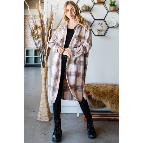 SNOWY NIGHT WOOL MIX PLAID CHECKER LONGLINE FLANNEL JACKET IN PINK-MODE-Couture-Boutique-Womens-Clothing