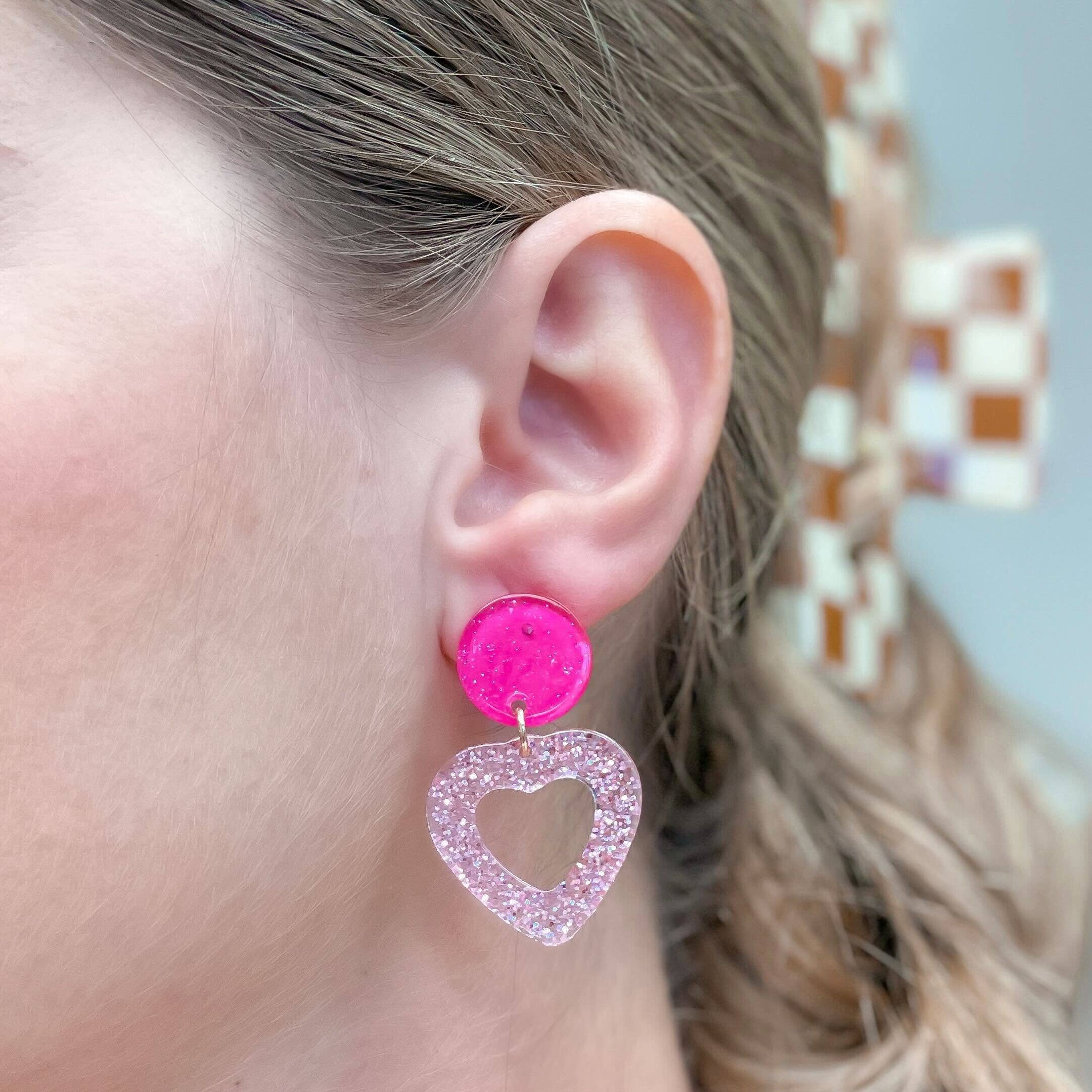 ACRYLIC GLITTER OPEN HEART DANGLE EARRING IN PINK-EARRINGS-MODE-Couture-Boutique-Womens-Clothing