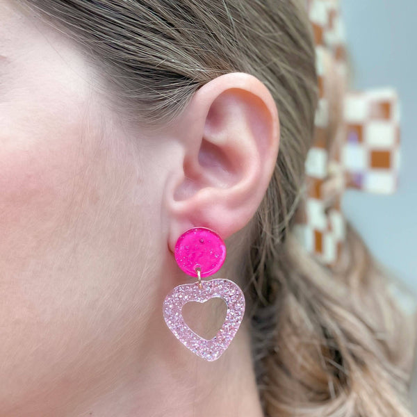 ACRYLIC GLITTER OPEN HEART DANGLE EARRING IN PINK-EARRINGS-MODE-Couture-Boutique-Womens-Clothing