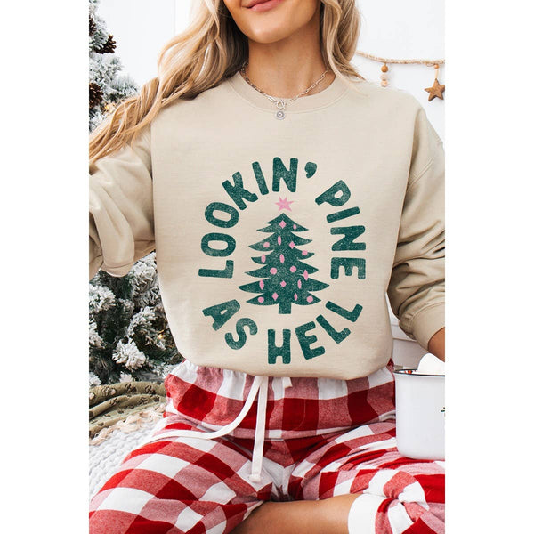 LOOKIN PINE AS HELL VINTAGE GRAPHIC SWEATSHIRTS: WHITE / L-MODE-Couture-Boutique-Womens-Clothing