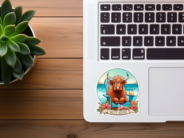 Salty Heifer on the Beach | Highland Cow | Funny Sticker-MODE-Couture-Boutique-Womens-Clothing