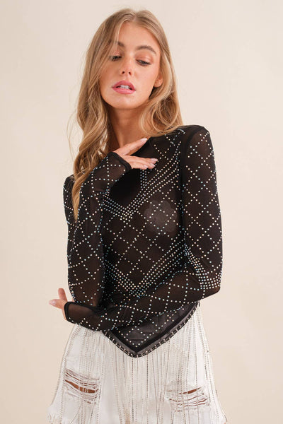 THE NOVA MESH STUDDED RHINSTONE TOP IN BLACK-LONG SLEEVE TOP-MODE-Couture-Boutique-Womens-Clothing