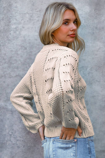 COASTAL CROCHET SCALLOP SWEATER IN OATMEAL-Sweaters-MODE-Couture-Boutique-Womens-Clothing