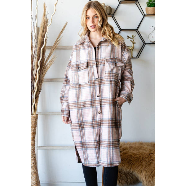 SNOWY NIGHT WOOL MIX PLAID CHECKER LONGLINE FLANNEL JACKET IN PINK-MODE-Couture-Boutique-Womens-Clothing
