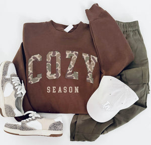 COZY SEASON CAMO GRAPHIC SWEATSHIRT IN COCOA-Graphic Sweatshirt-MODE-Couture-Boutique-Womens-Clothing